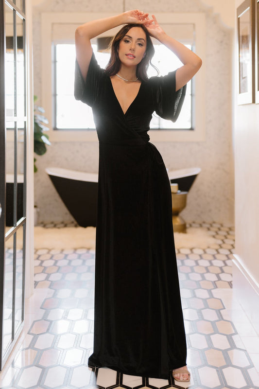 Meghan Velvet Wrap Maxi Dress | Black - Baltic Born