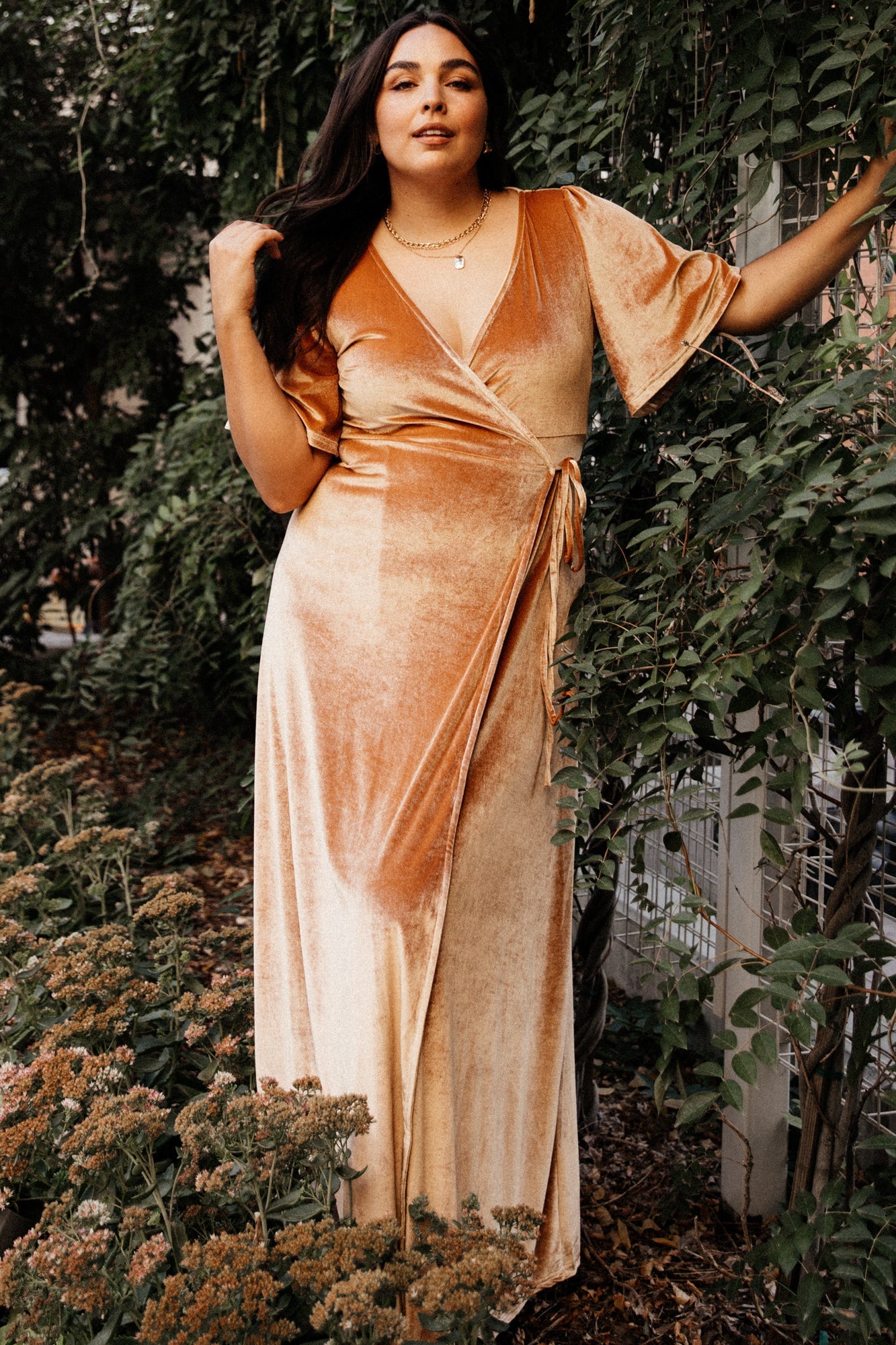gold wrap maxi dress Copper gold long silk wrap dress
