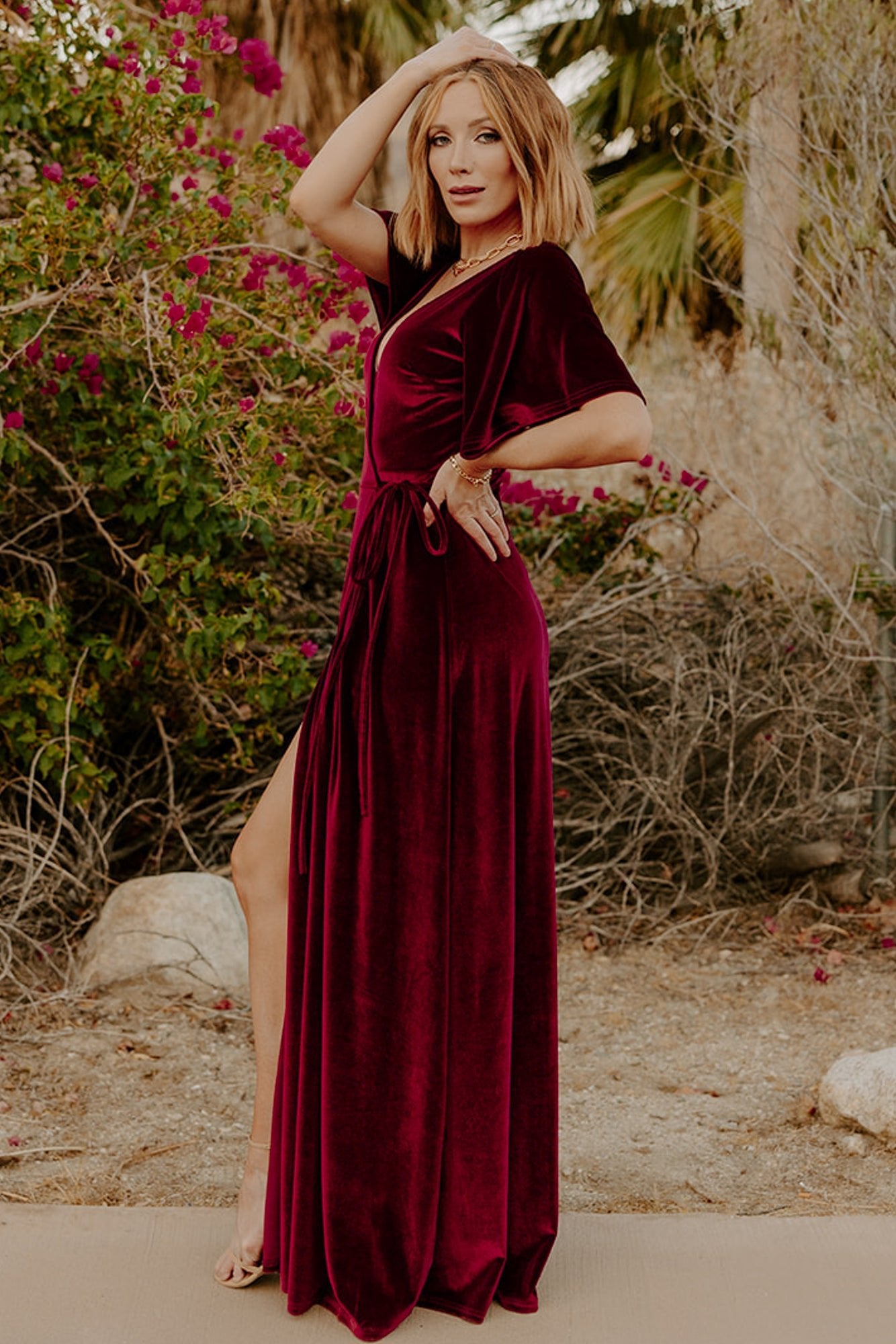 Meghan Velvet Wrap Maxi Dress Mulberry1