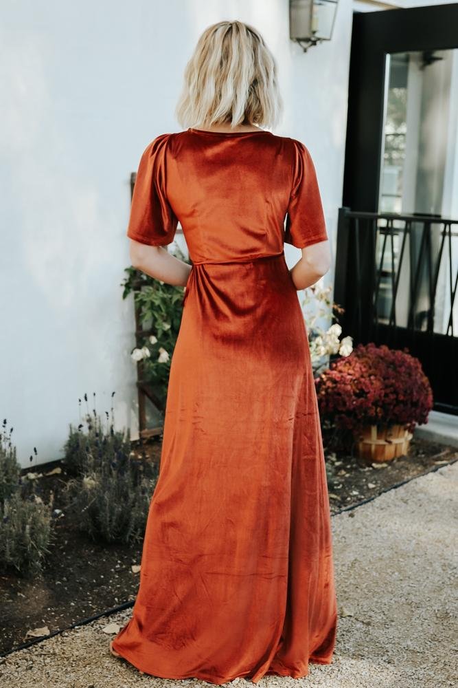 Meghan Velvet Wrap Maxi Dress Rust