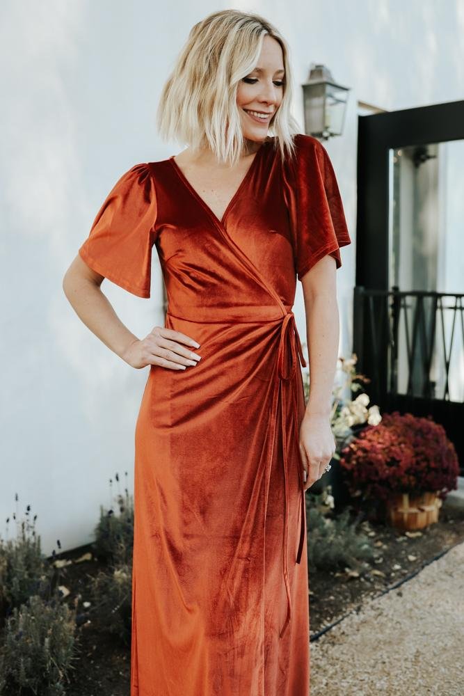 Meghan Velvet Wrap Maxi Dress | Rust - Baltic Born