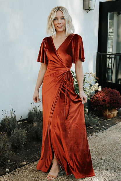 Meghan Velvet Wrap Maxi Dress | Rust - Baltic Born