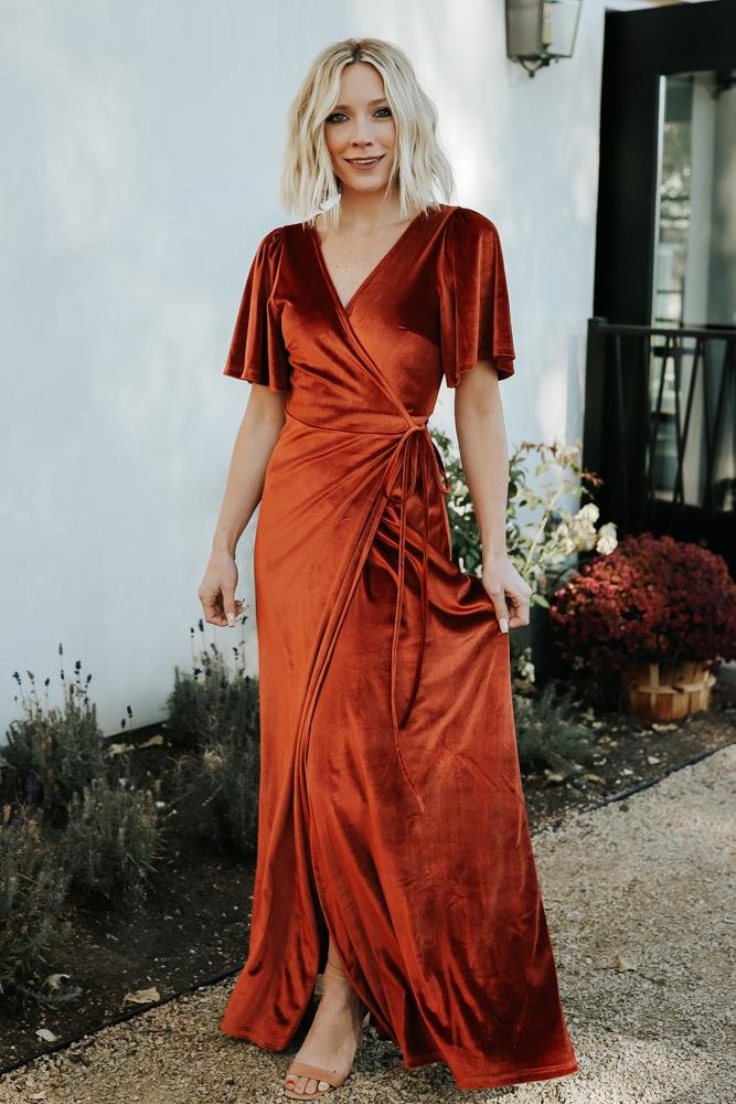 Rust shops satin wrap dress