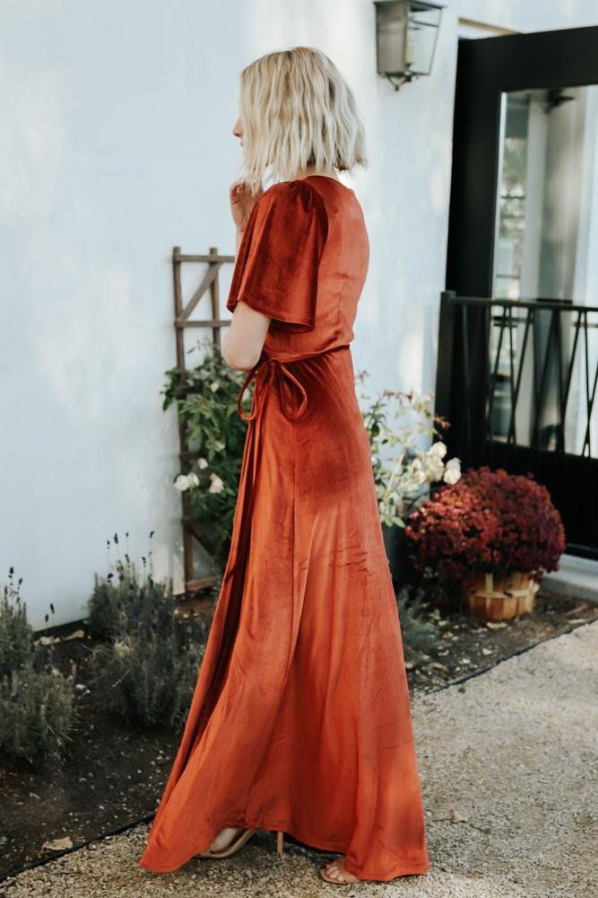 Meghan Velvet Wrap Maxi Dress | Rust - Baltic Born