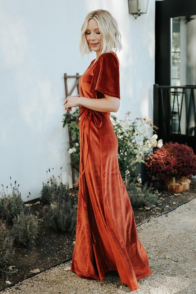 Meghan Velvet Wrap Maxi Dress | Rust - Baltic Born