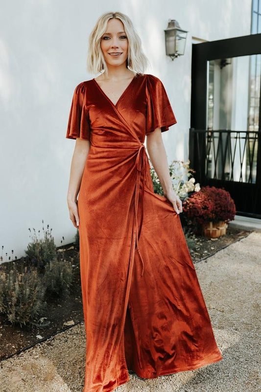 Meghan Velvet Wrap Maxi Dress | Rust - Baltic Born