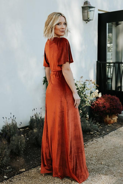 Meghan Velvet Wrap Maxi Dress | Rust - Baltic Born