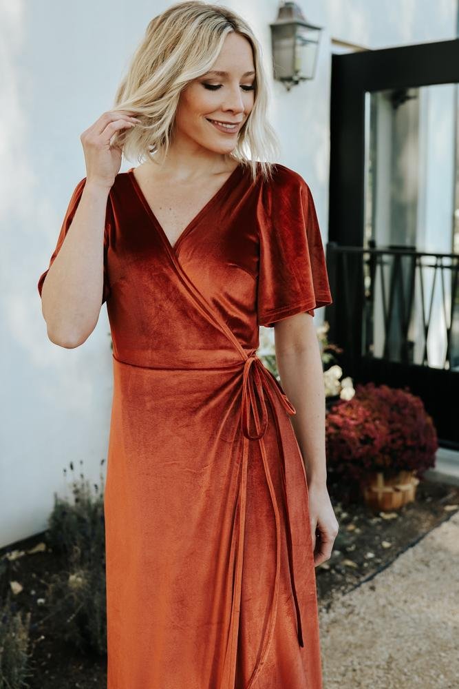 Meghan Velvet Wrap Maxi Dress | Rust - Baltic Born