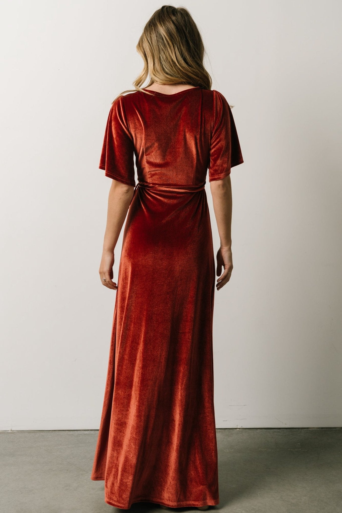 Meghan Velvet Wrap Maxi Dress | Terracotta - Baltic Born