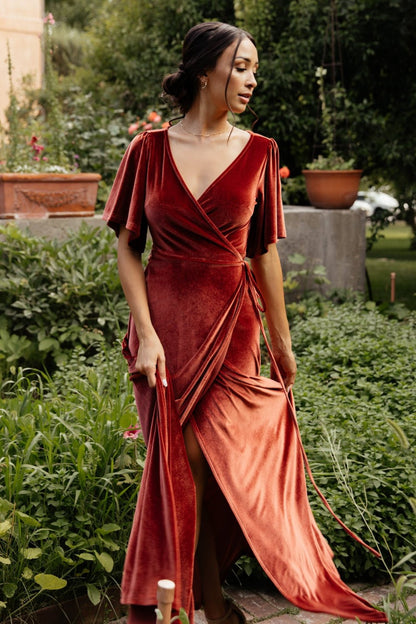 Meghan Velvet Wrap Maxi Dress | Terracotta - Baltic Born