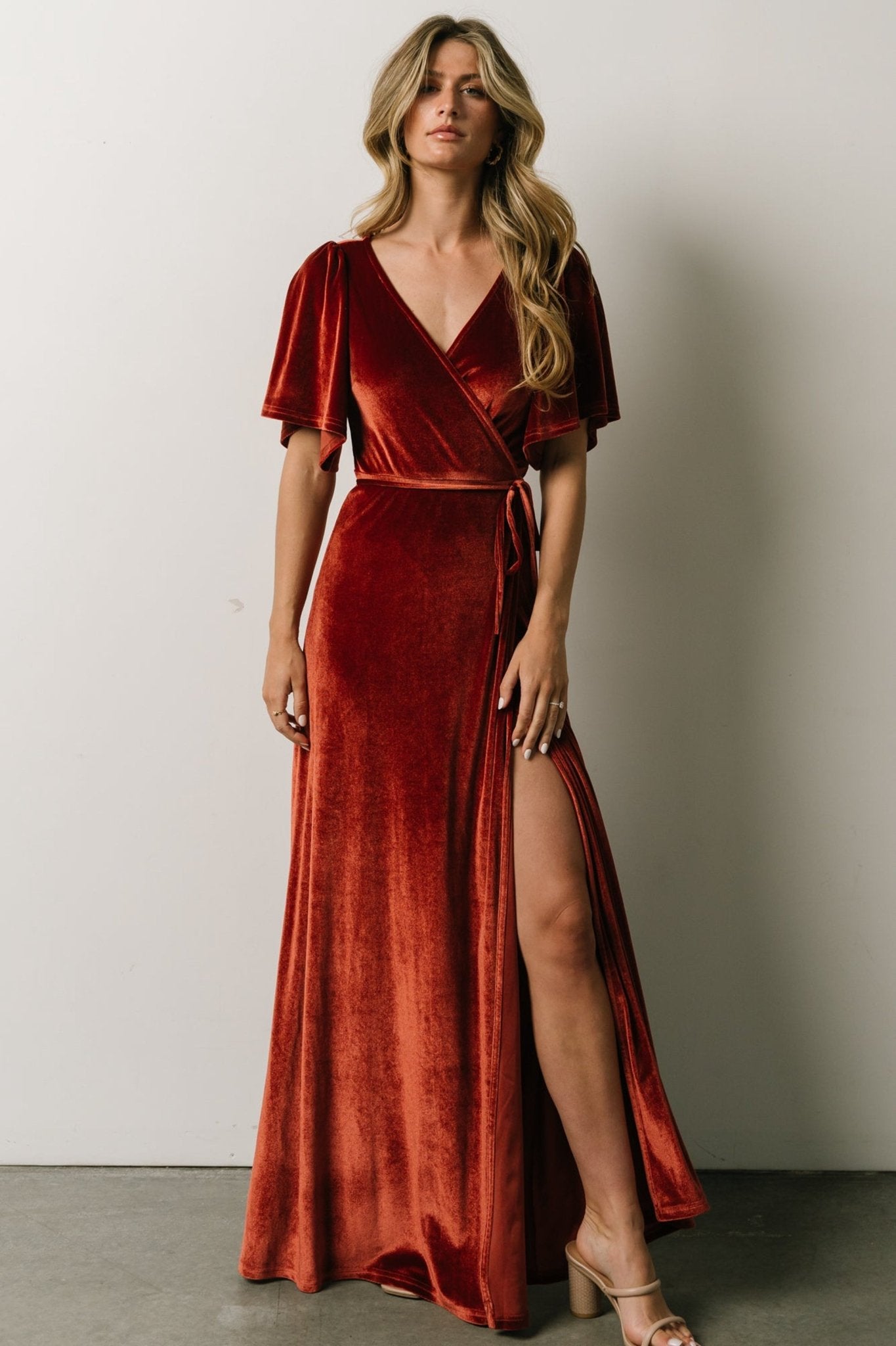 Meghan Velvet Wrap Maxi Dress | Terracotta - Baltic Born