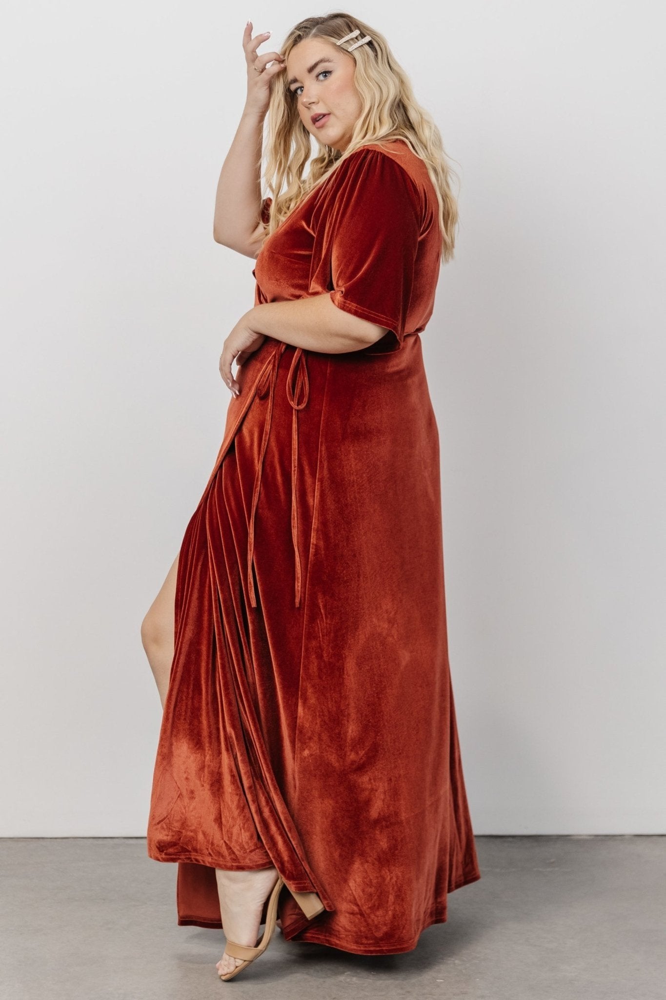 Meghan Velvet Wrap Maxi Dress | Terracotta - Baltic Born