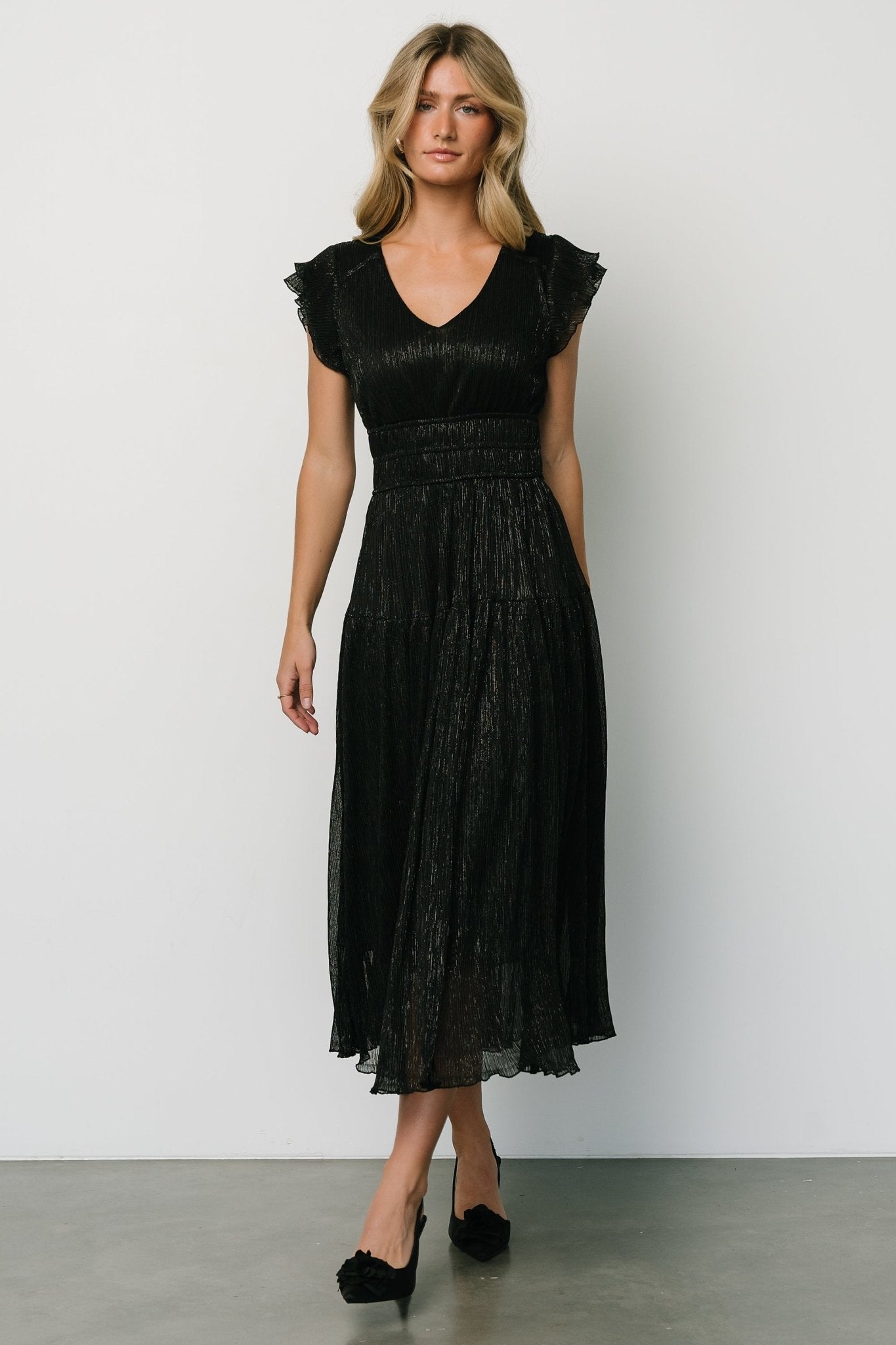 Miley Pleated Shimmer Dress | Black - Baltic Born