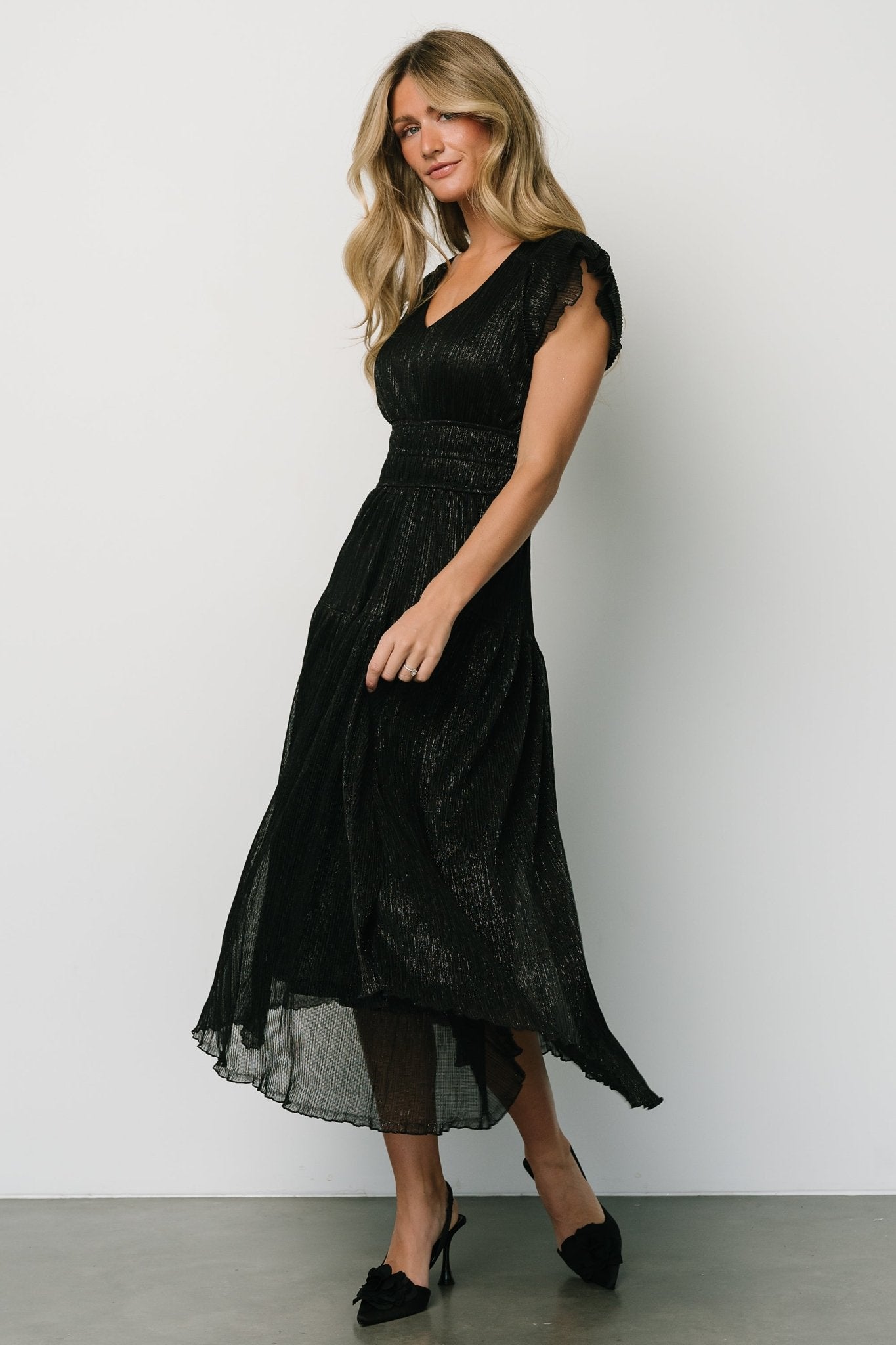 Miley Pleated Shimmer Dress | Black - Baltic Born