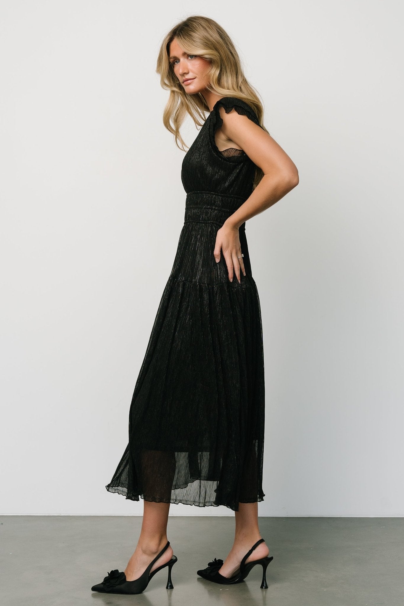 Miley Pleated Shimmer Dress | Black - Baltic Born