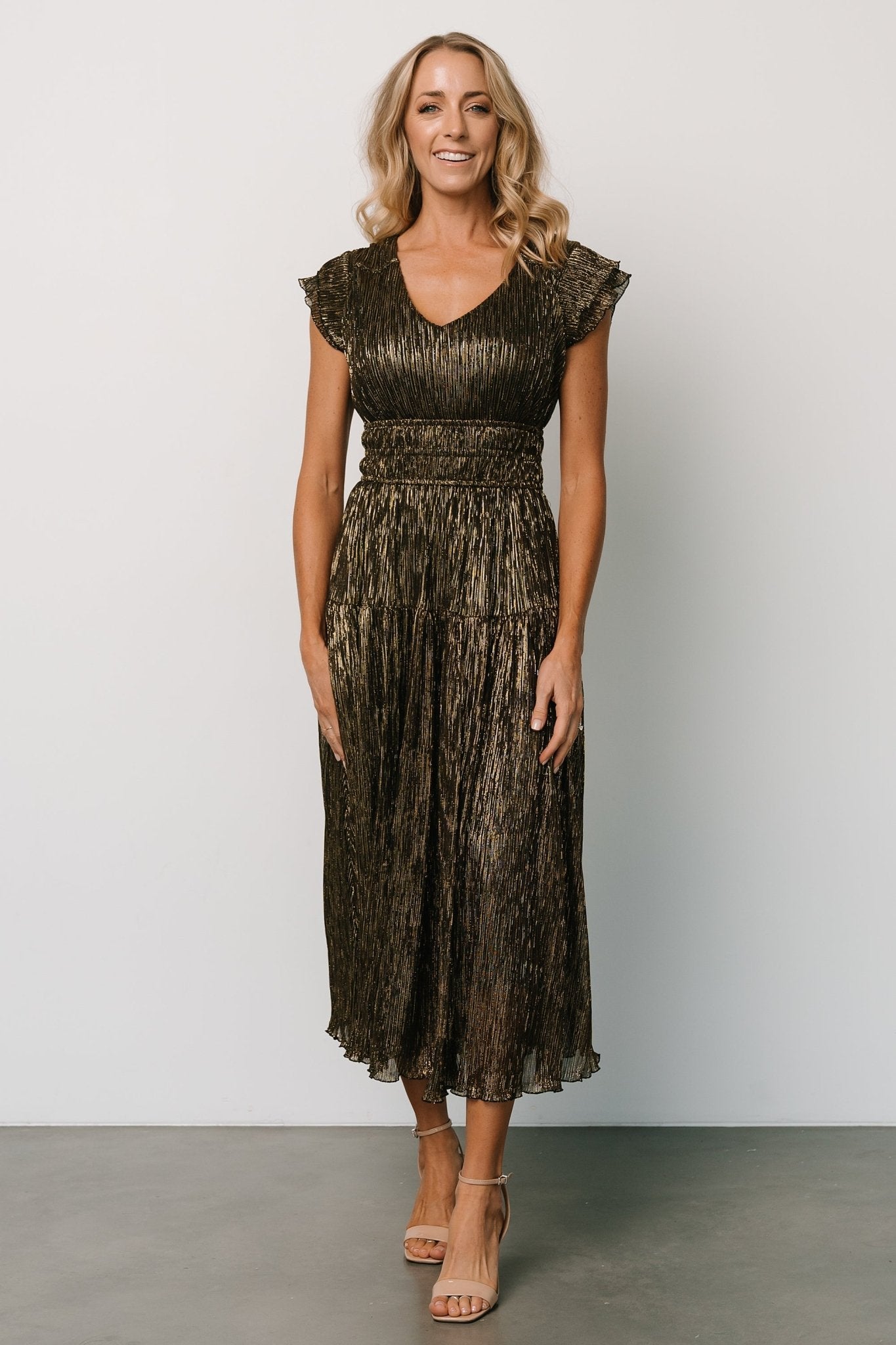 Miley Pleated Shimmer Dress | Gold - Baltic Born