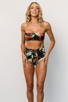 Side profile of Milos high‑waist bikini bottom in Midnight Floral print, highlighting the wrap tie detail and smooth high‑rise silhouette.