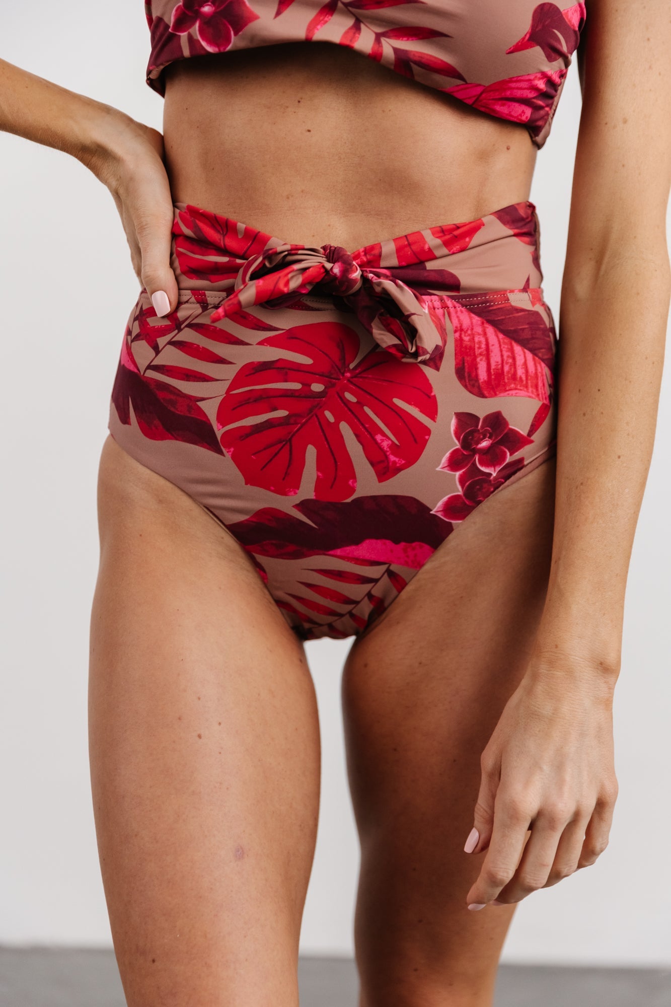 Milos High Waist Tie Bikini Bottom | Red Monstera Print - Baltic Born