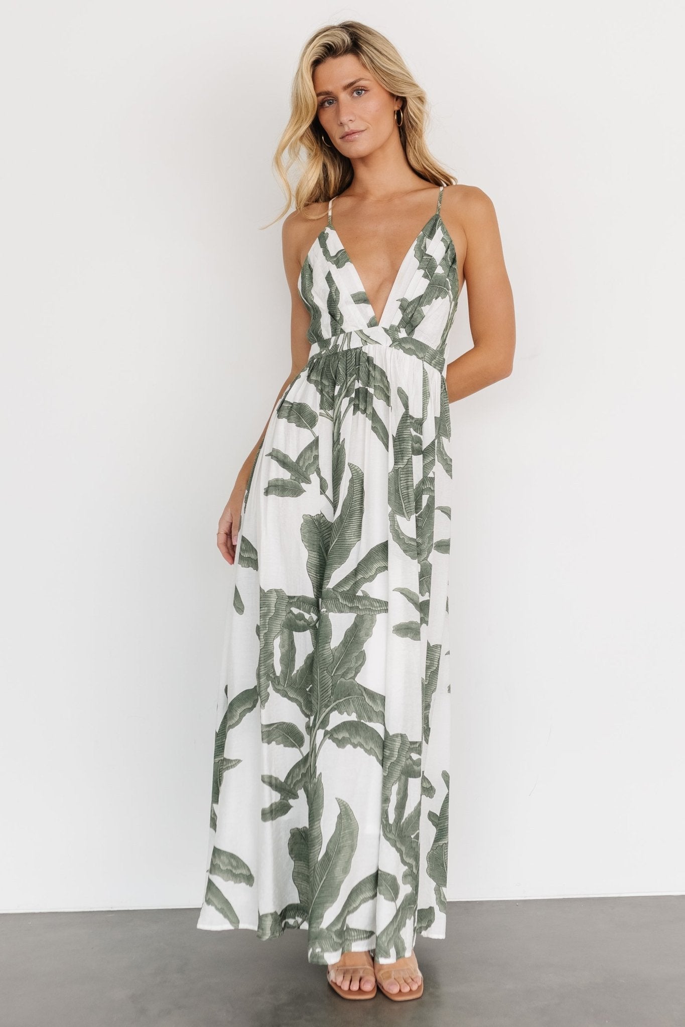 white and green maxi dress Ivory Floral With Slit 3% Elastane Green and White Stripe Sienna