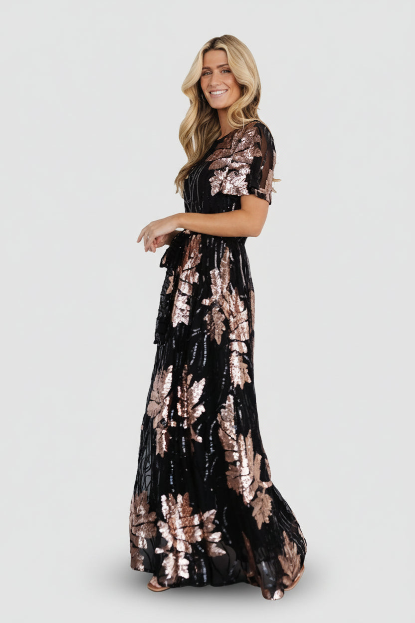 Sequin Rouch Maxi Dress Bronze