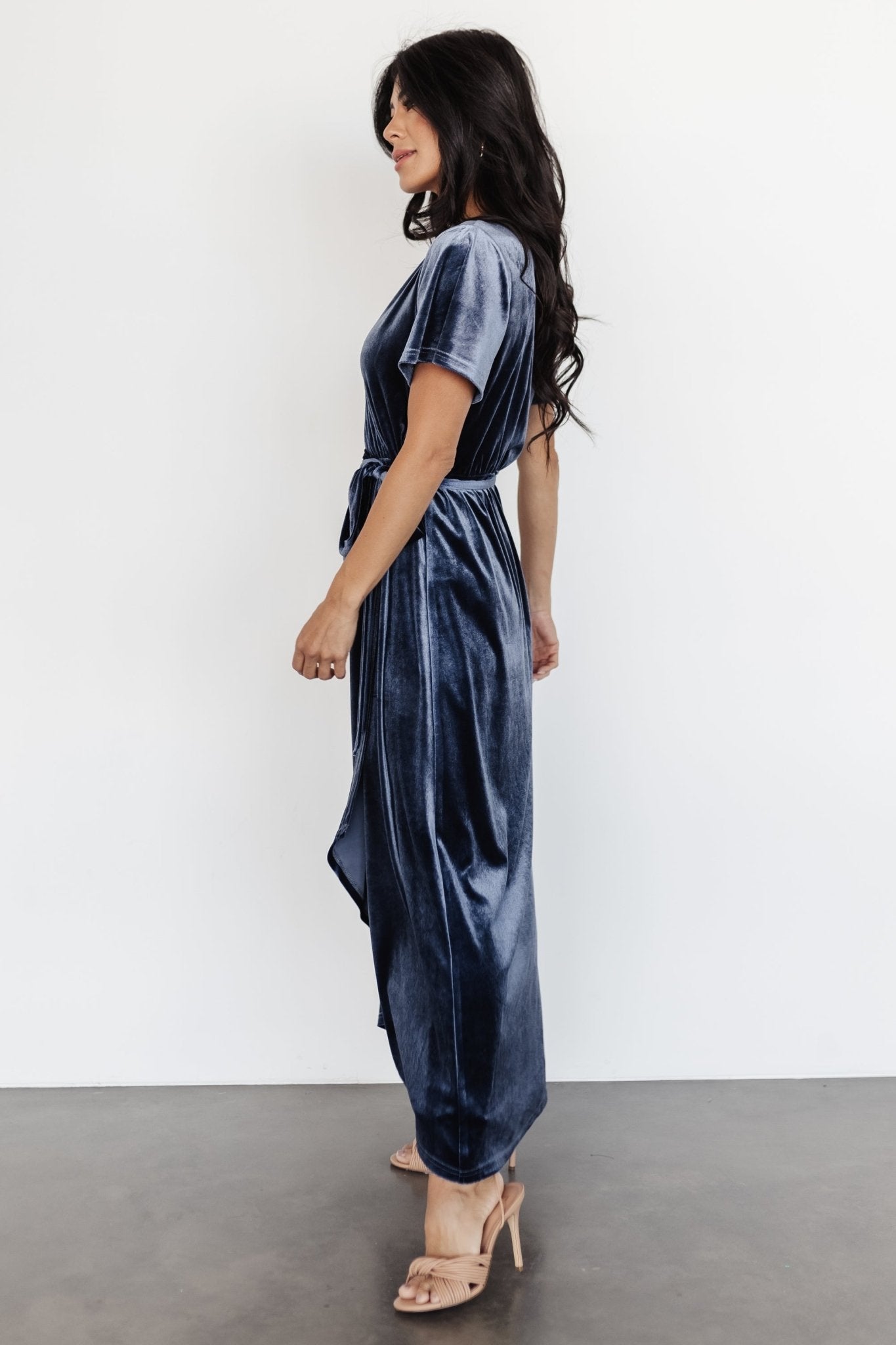 Pol Nadine Velvet Midi Dress Blue M