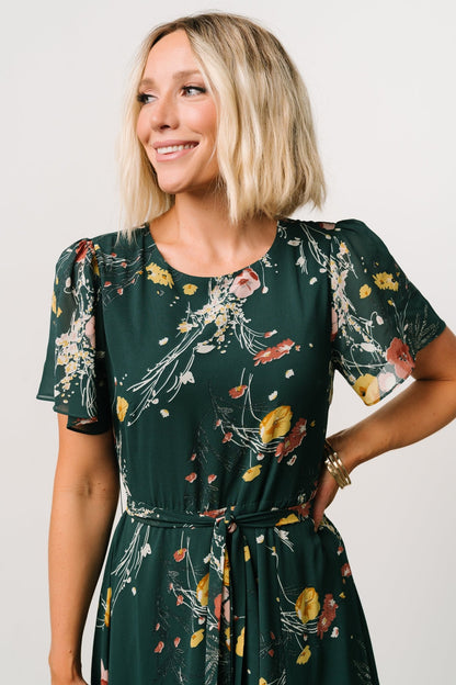 Naomi Short Sleeve Maxi Dress | Dark Green Floral - Baltic Born