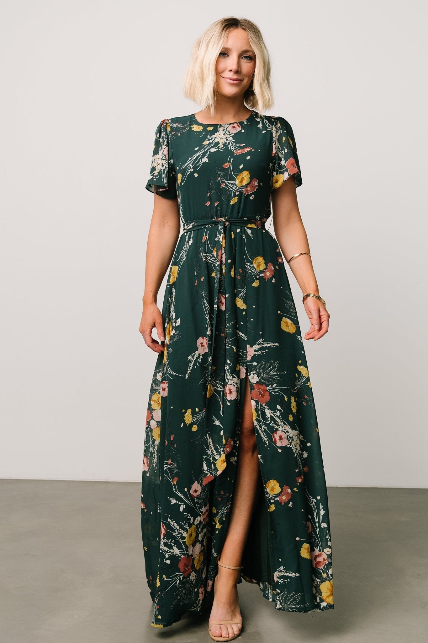 Naomi Short Sleeve Maxi Dress | Dark Green Floral - Baltic Born