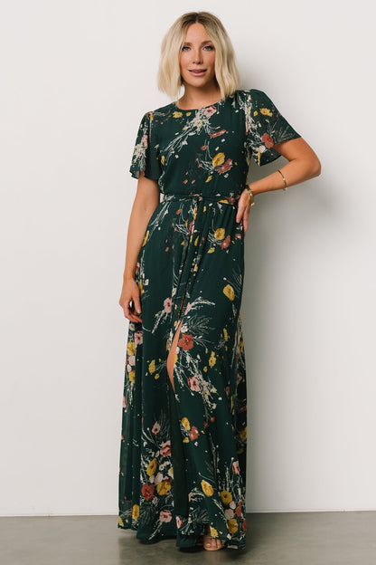 Naomi Short Sleeve Maxi Dress | Dark Green Floral - Baltic Born