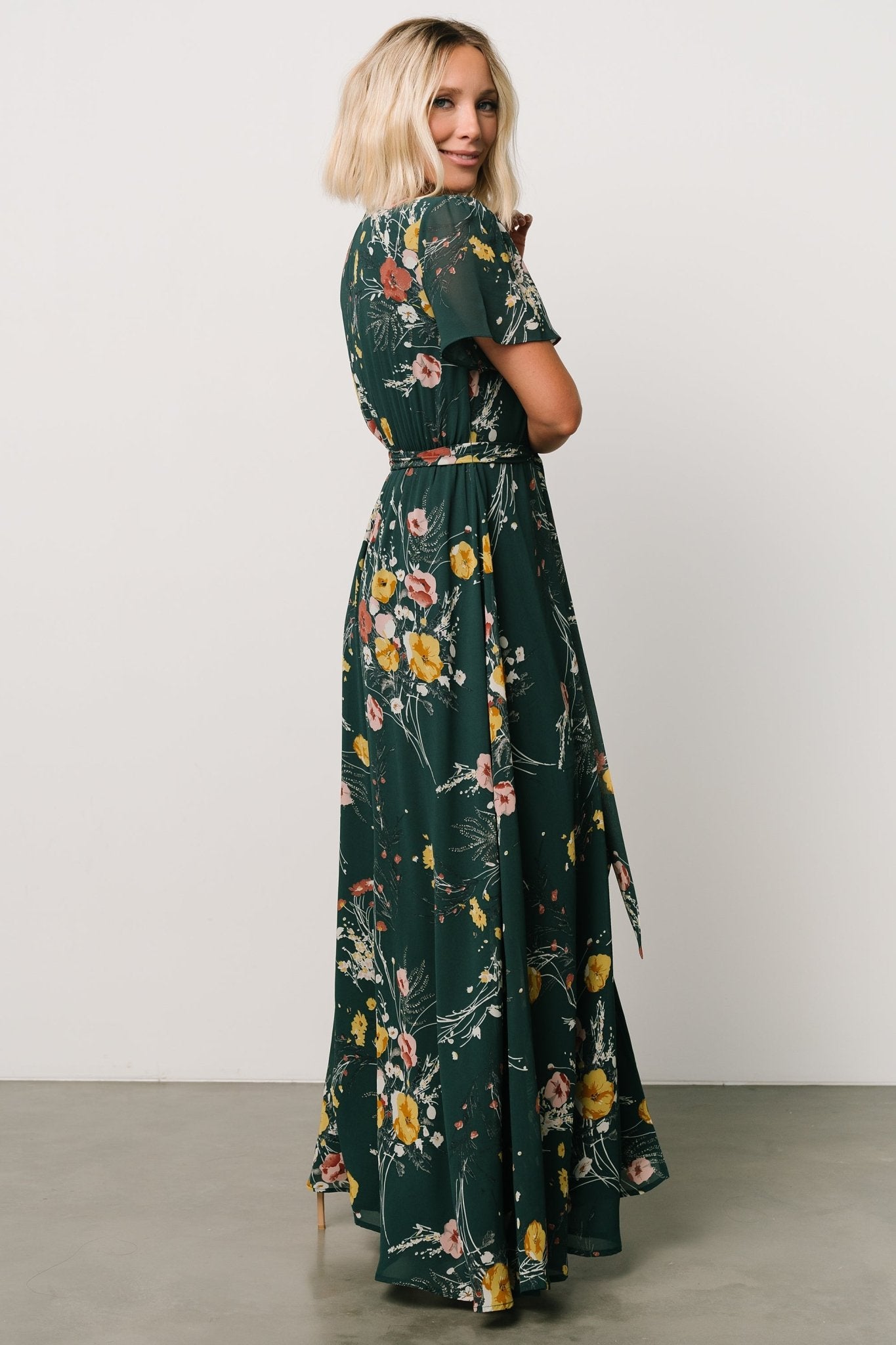 Naomi Short Sleeve Maxi Dress | Dark Green Floral - Baltic Born