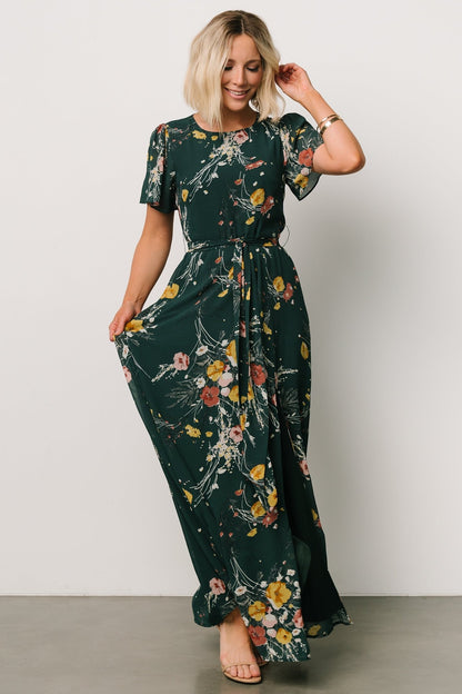 Naomi Short Sleeve Maxi Dress | Dark Green Floral - Baltic Born