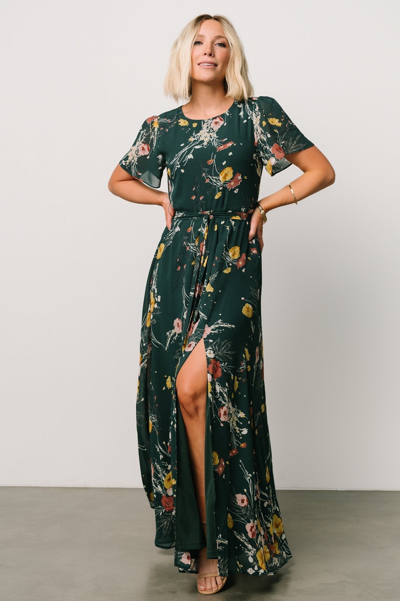 Naomi Short Sleeve Maxi Dress | Dark Green Floral - Baltic Born