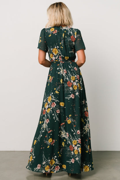 Naomi Short Sleeve Maxi Dress | Dark Green Floral - Baltic Born