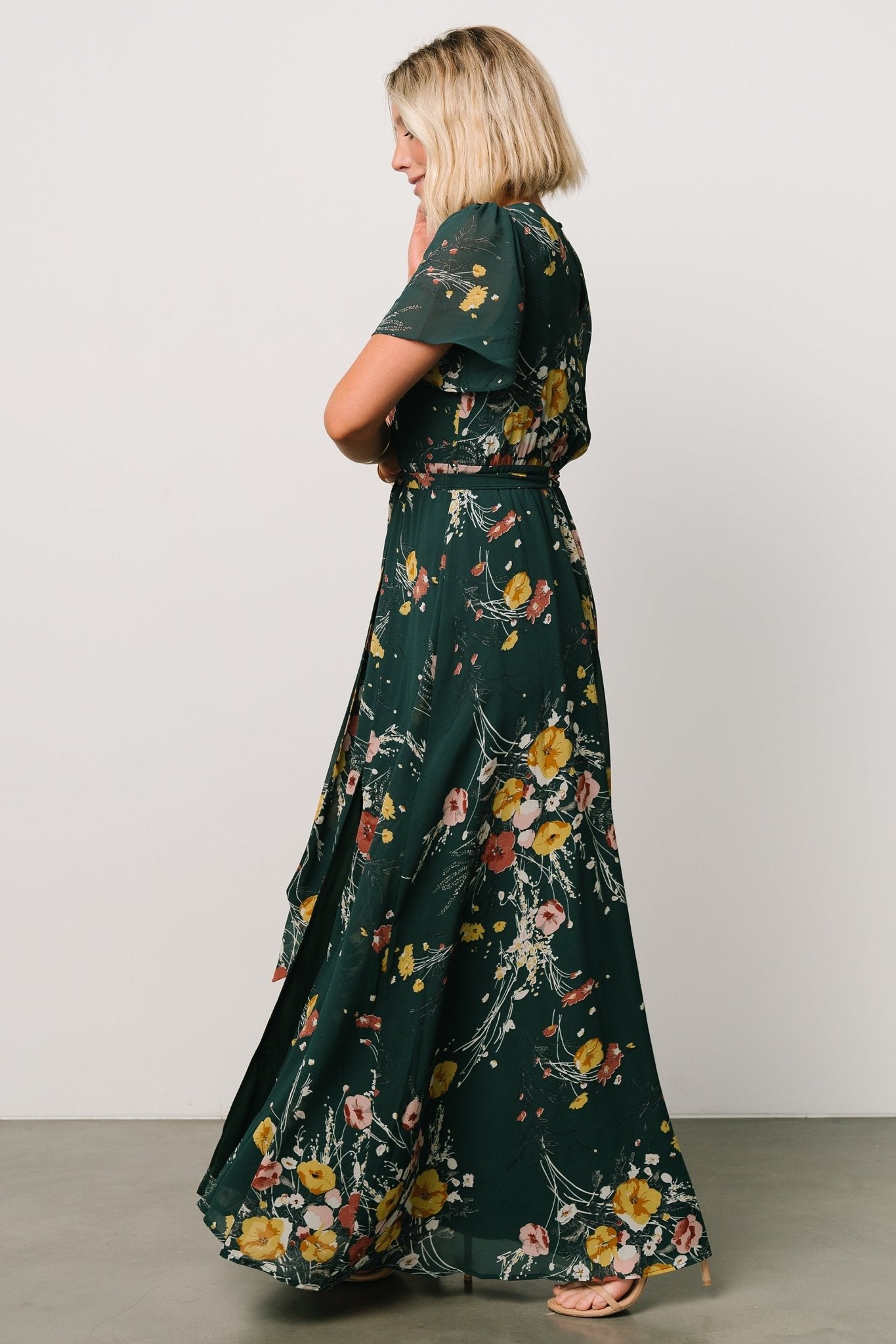 Naomi Short Sleeve Maxi Dress | Dark Green Floral - Baltic Born