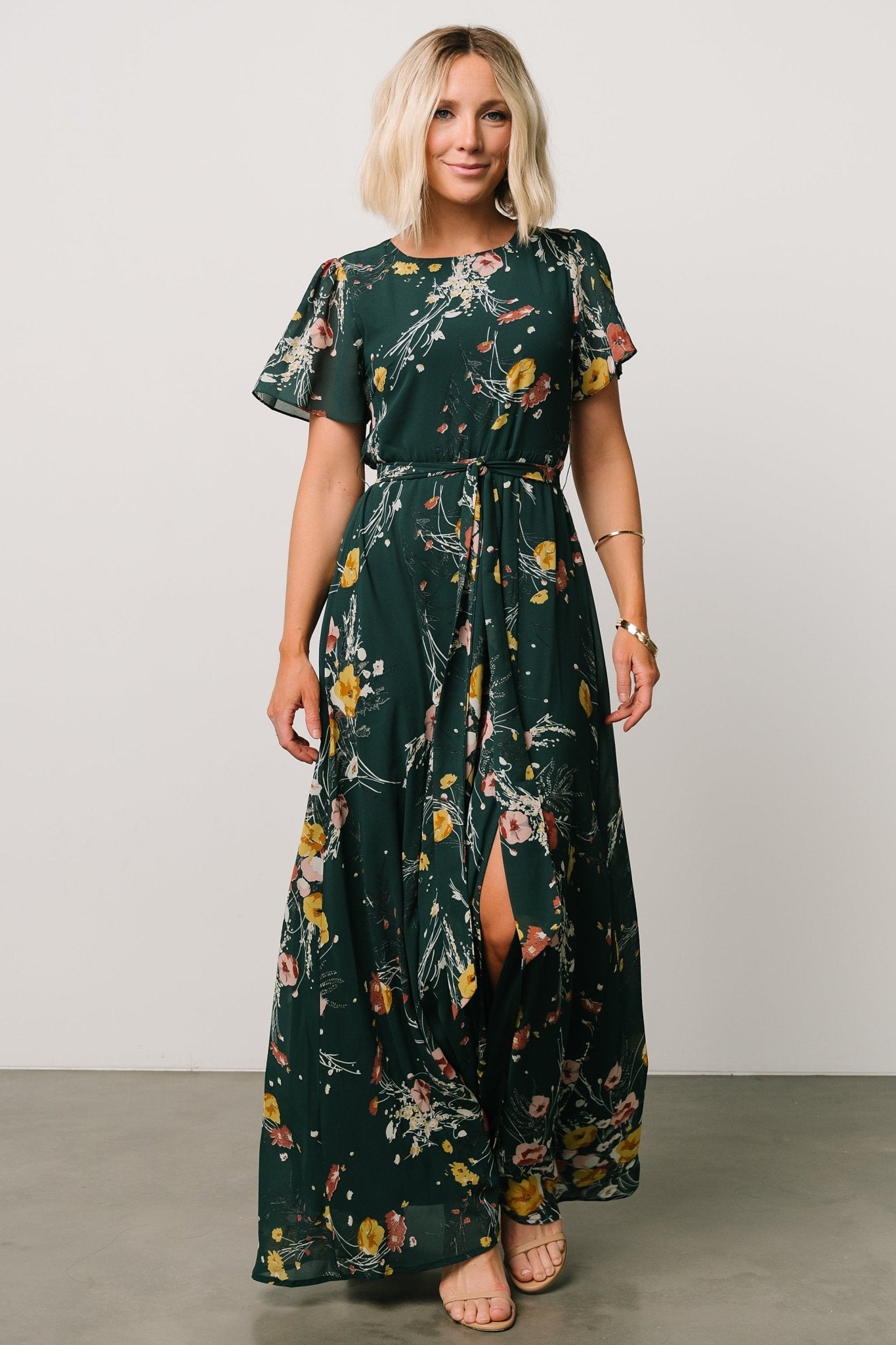 Naomi Short Sleeve Maxi Dress | Dark Green Floral - Baltic Born