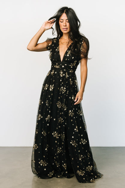 Natalia Floral Embellished Maxi Dress | Black + Gold - Baltic Born