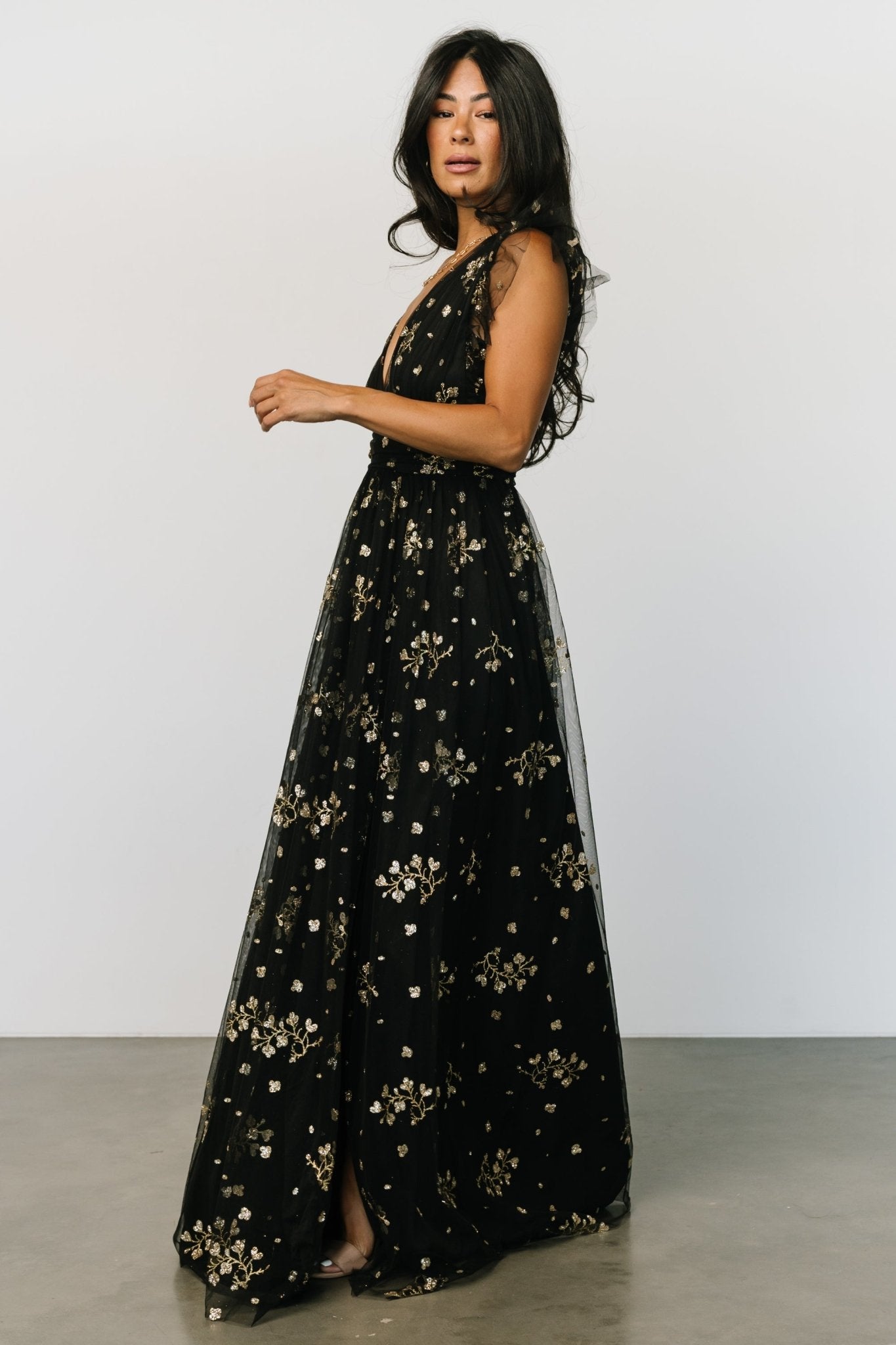 Natalia Floral Embellished Maxi Dress | Black + Gold - Baltic Born