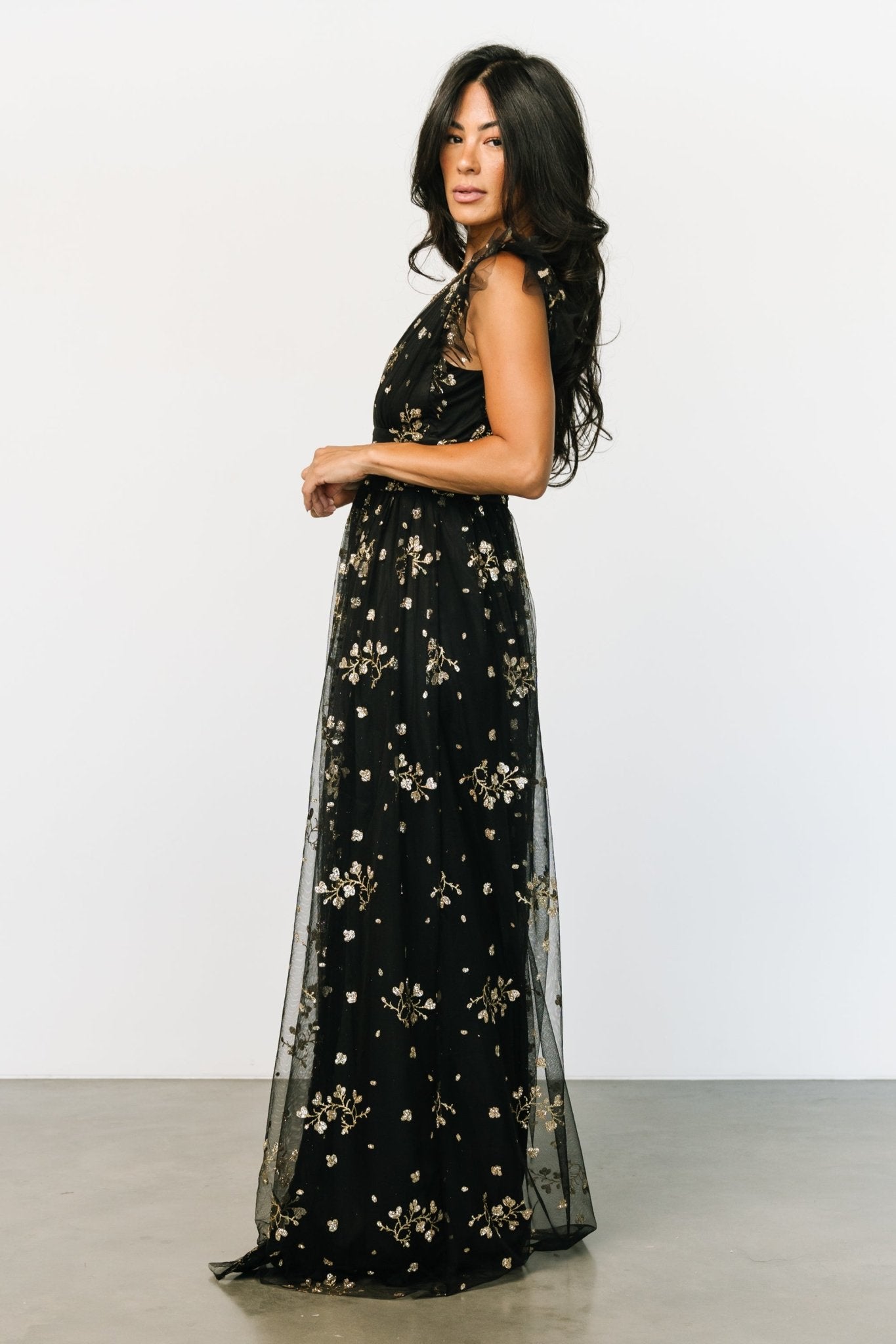 Natalia Floral Embellished Maxi Dress | Black + Gold - Baltic Born