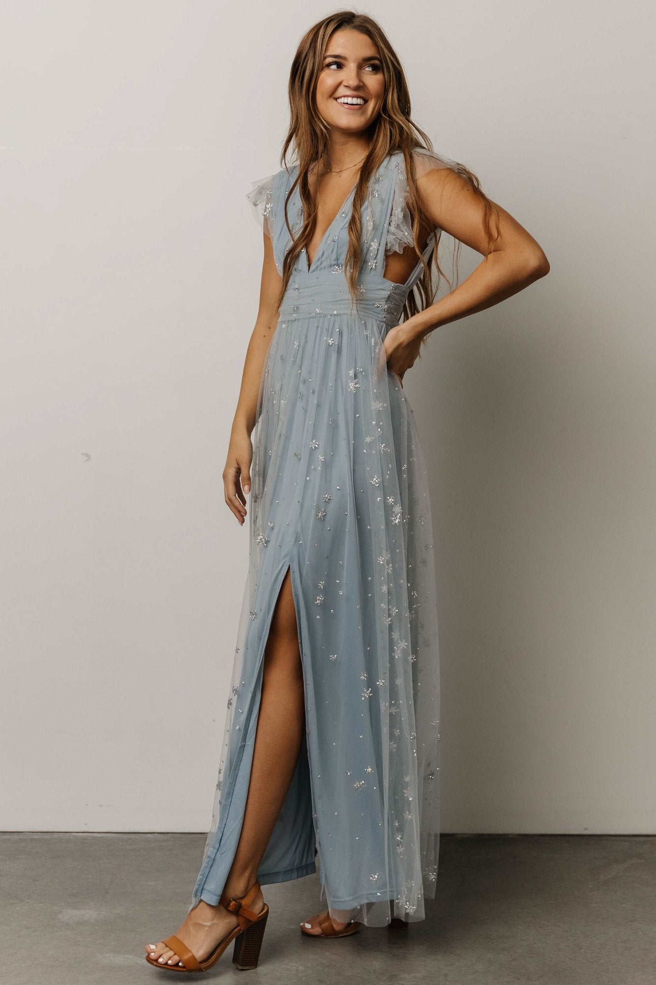 Nova Shimmer Maxi Dress | Dusty Blue + Silver - Baltic Born