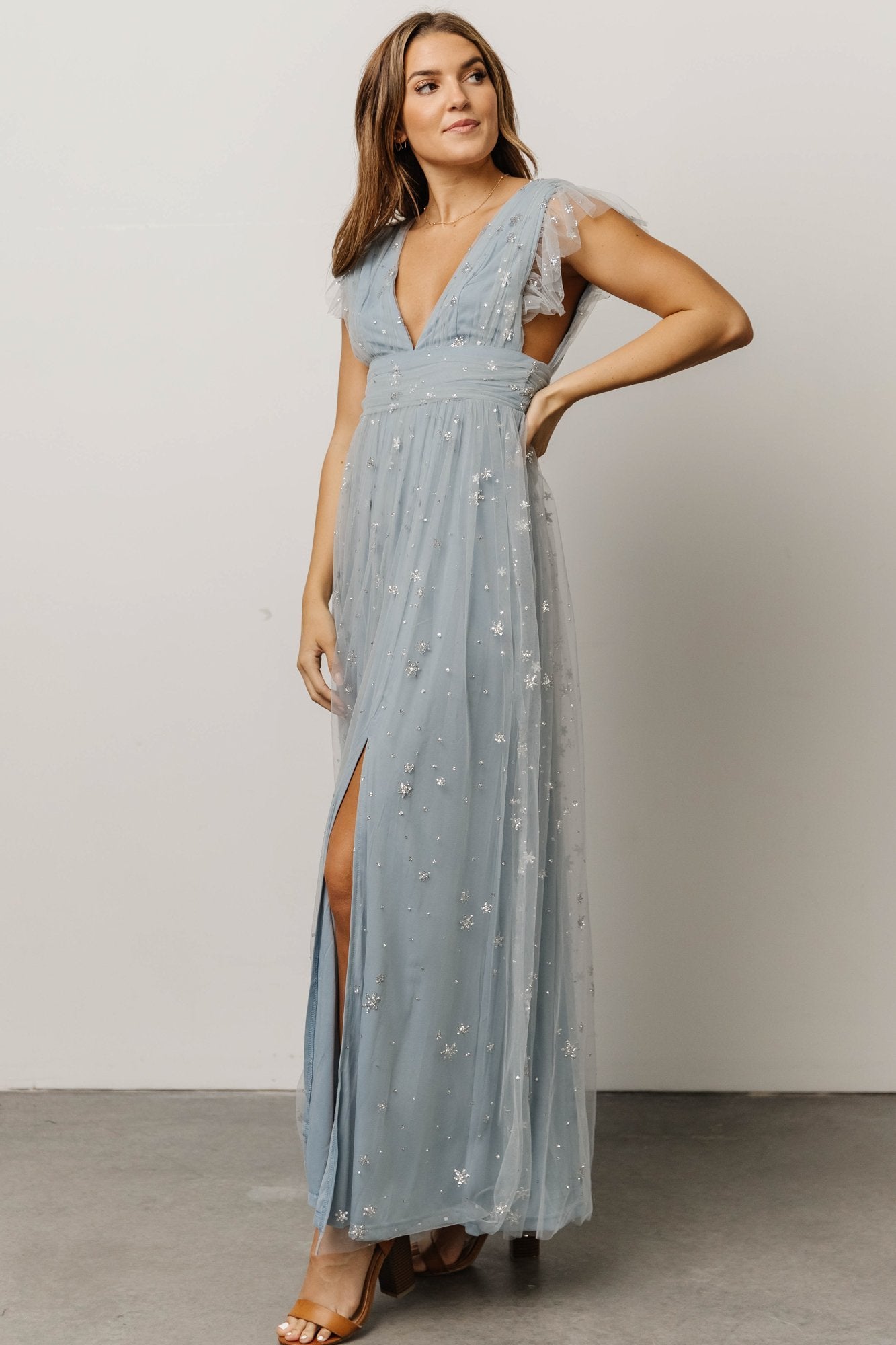 Nova Shimmer Maxi Dress  Dusty Blue + Silver  Baltic Born