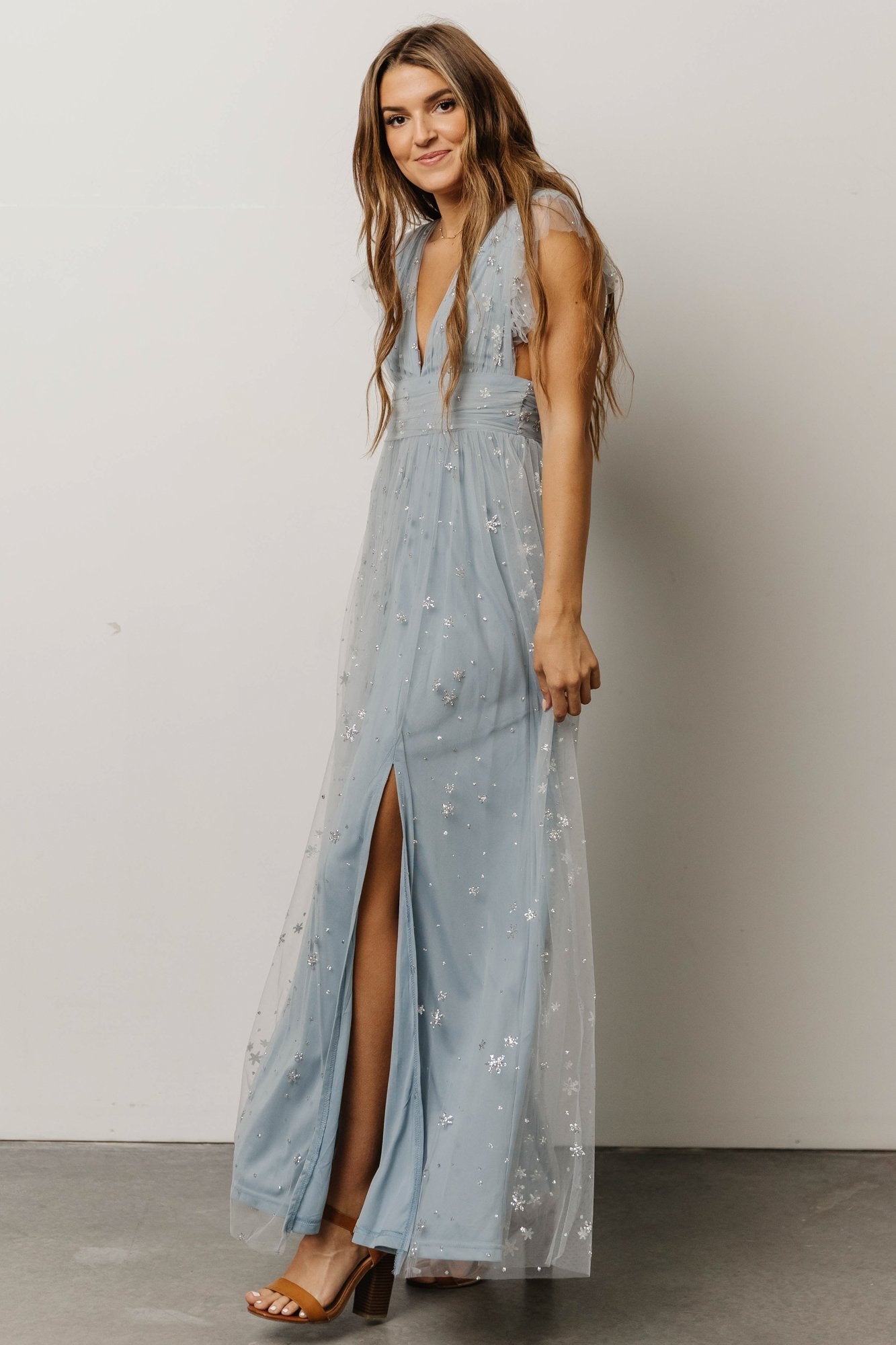 Nova Shimmer Maxi Dress | Dusty Blue + Silver - Baltic Born