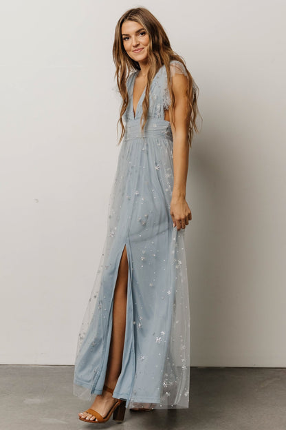 Nova Shimmer Maxi Dress | Dusty Blue + Silver - Baltic Born