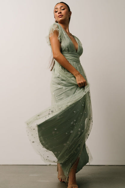 Nova Shimmer Maxi Dress | Sage + Silver - Baltic Born