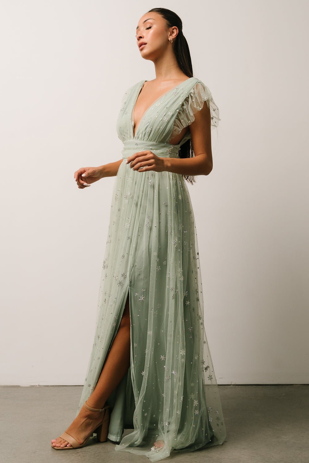 Nova Shimmer Maxi Dress | Sage + Silver - Baltic Born