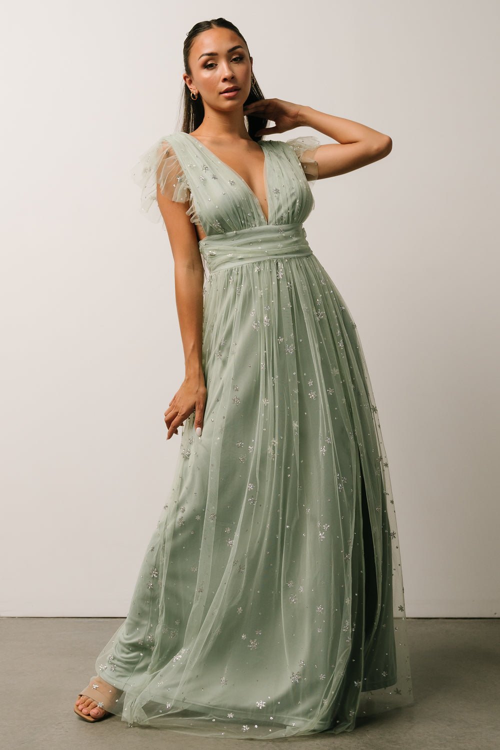 Nova Shimmer Maxi Dress | Sage + Silver - Baltic Born