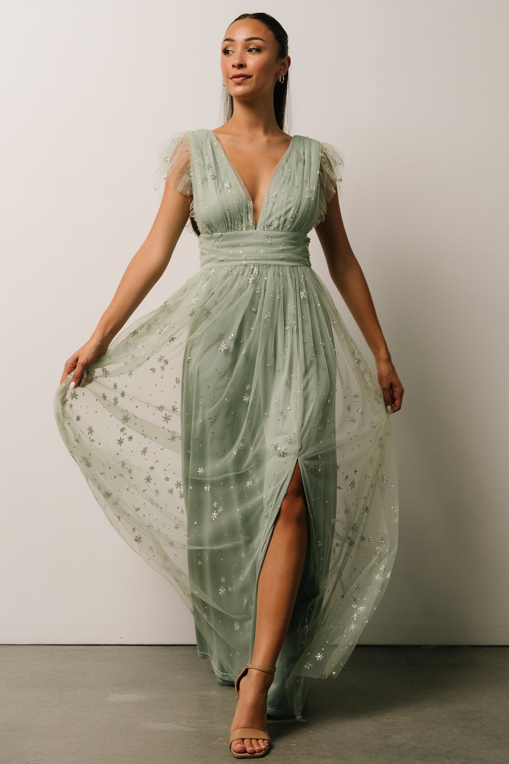 Nova Shimmer Maxi Dress | Sage + Silver - Baltic Born