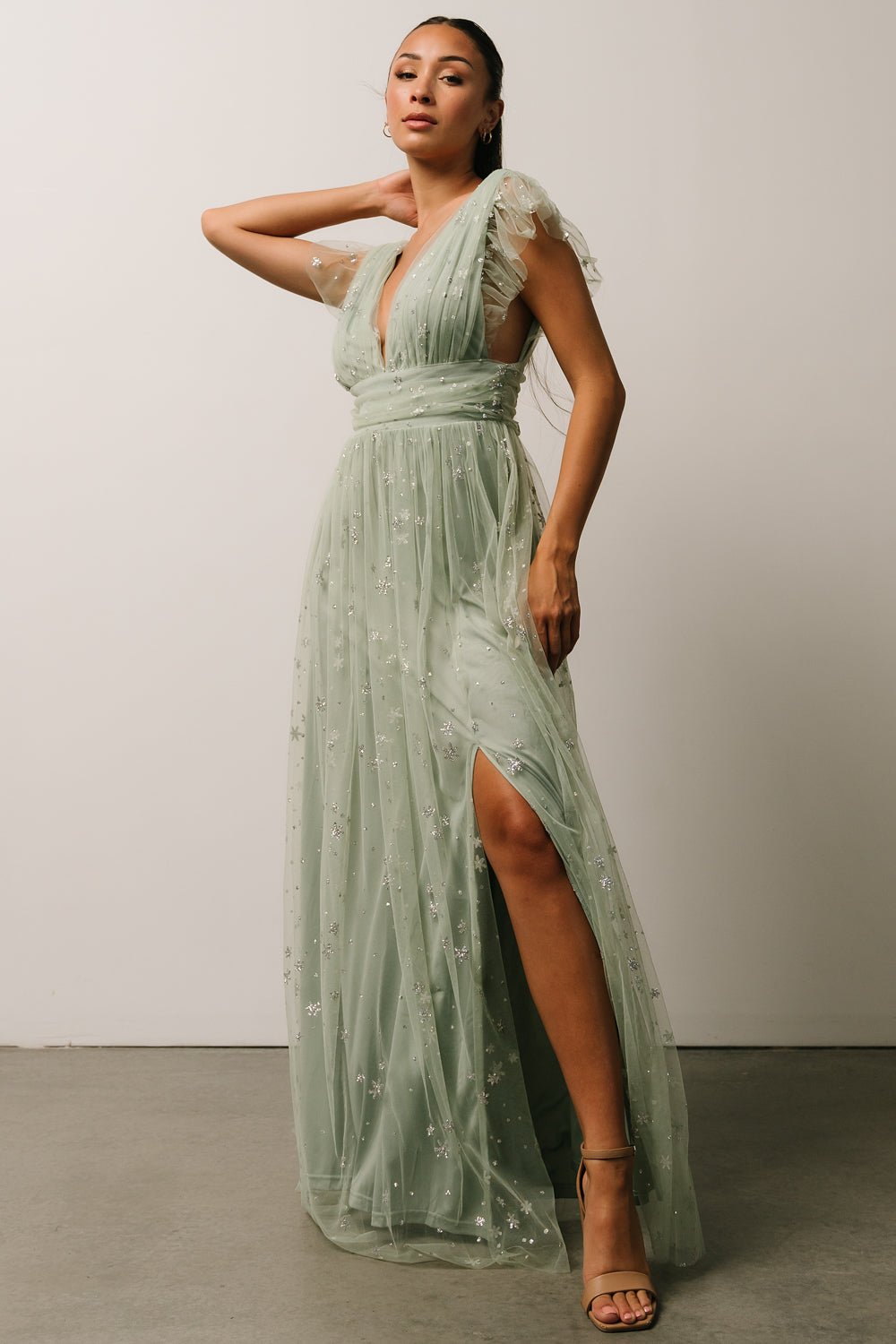 Nova Shimmer Maxi Dress | Sage + Silver - Baltic Born