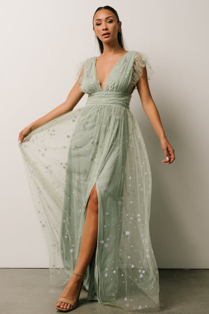 Nova Shimmer Maxi Dress | Sage + Silver - Baltic Born