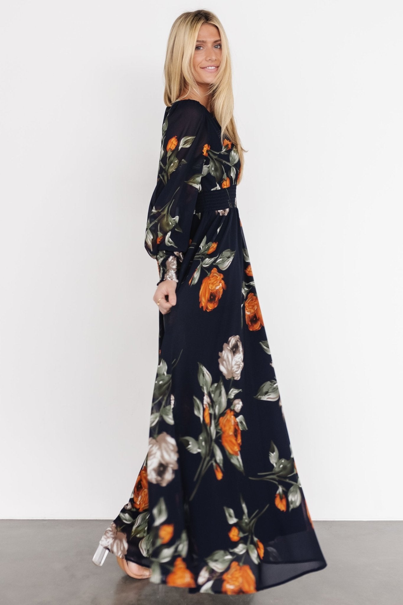 ELOGES Navy floral 3/4 sleeve faux wrap cheapest maxi dress