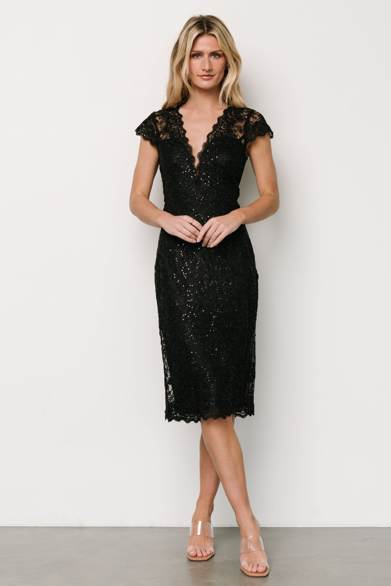 Oriana Embossed Shimmer Midi Dress | Black | Baltic Born