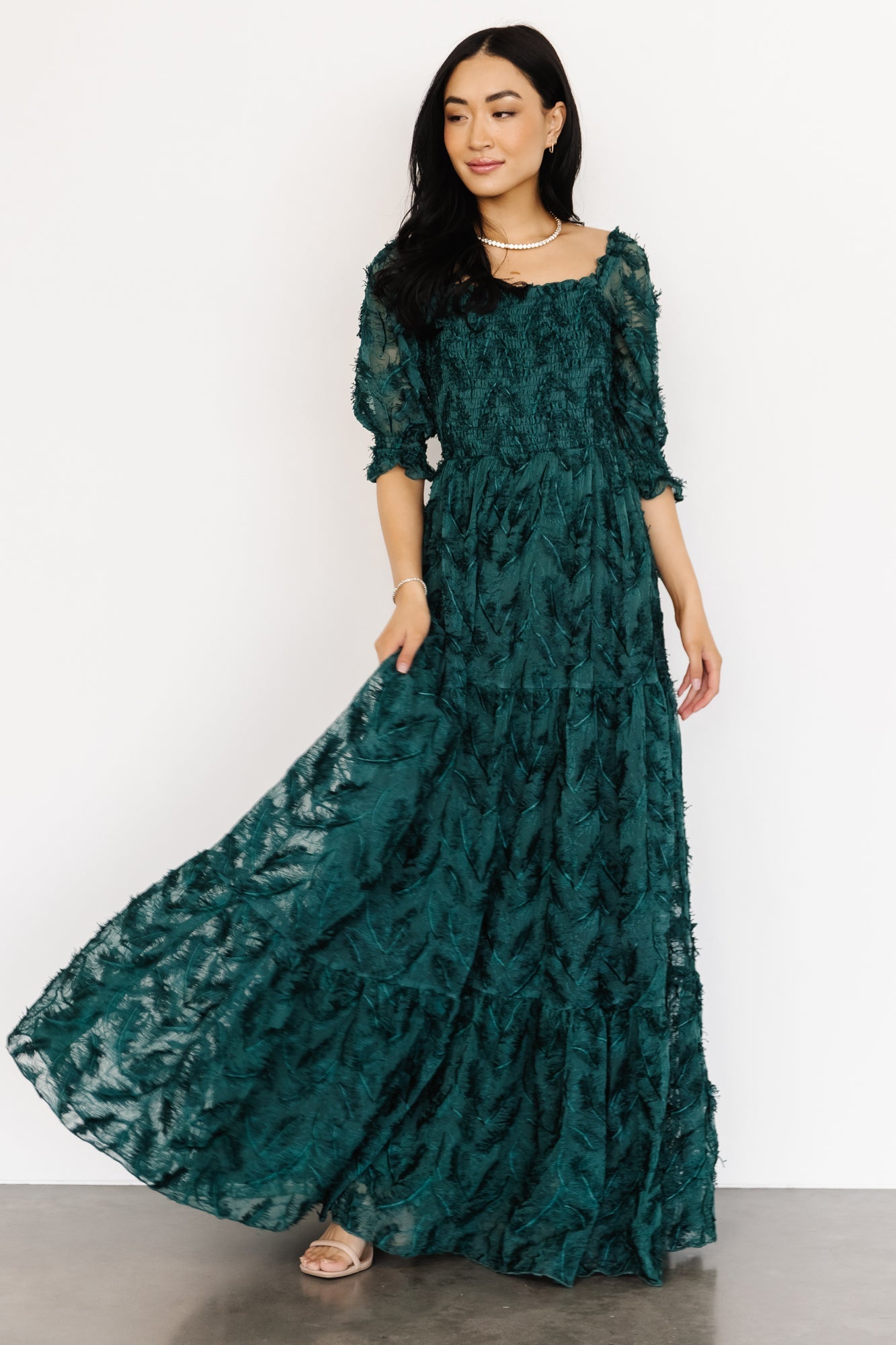 Paloma Smocked Feather Maxi Dress | Emerald | Baltic Born